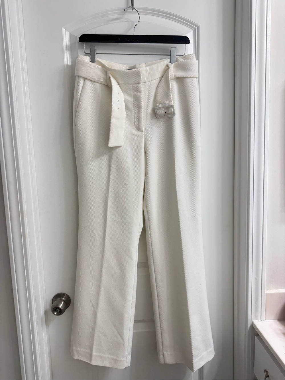 Ann Taylor High-Rise Cream Wide-Leg Belted Pants